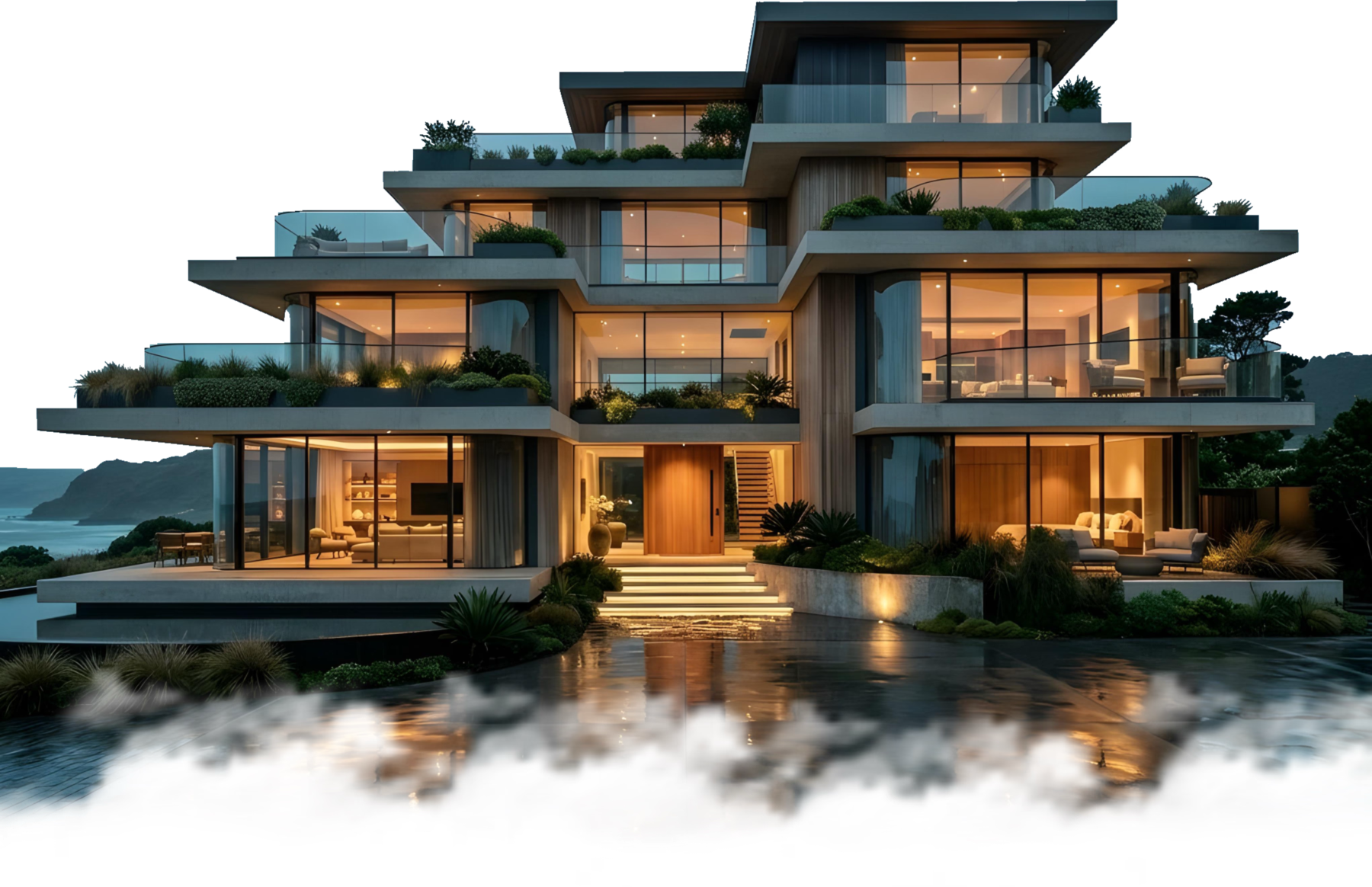 Modern terraced villa at dusk